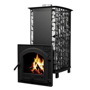 Печь-каменка чугунная СУДАРУШКА РУСА-СЕМЕЙНАЯ чугунный тоннель и чуг дверца ПАНОРАМА (10 - 18 м.куб)