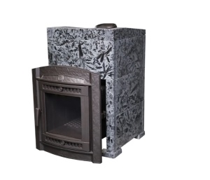 Печь-каменка чугунная АТМОСФЕРА XL дверца со стеклом в облицовке ПИРОКСЕНИТ ЭЛИТ  (18-26 м.куб)