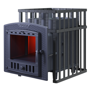 Печь-каменка чугунная ГРОЗА 24П2 в СЕТКЕ  дверца ПАНОРАМА (24 м.куб)