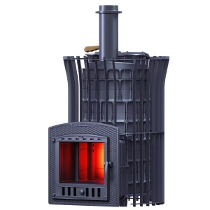 Печь-каменка чугунная АВАНГАРД ЗК УРАГАН 40П2 в сетке ТЮЛЬПАН  дверца ПАНОРАМА  (40 м.куб)
