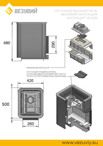 Печь для бани без выносного топливного канала чугунная СЕНСАЦИЯ 22 дверца ДТ-4 антрацит(12-24 м.куб)